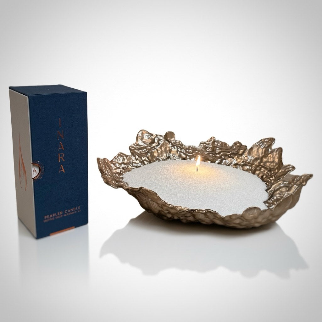 500g Inara® Pearled Candle & Winter Shell Glass Vase + 10ml Inara Fragrance Oil Bottle - Bundle