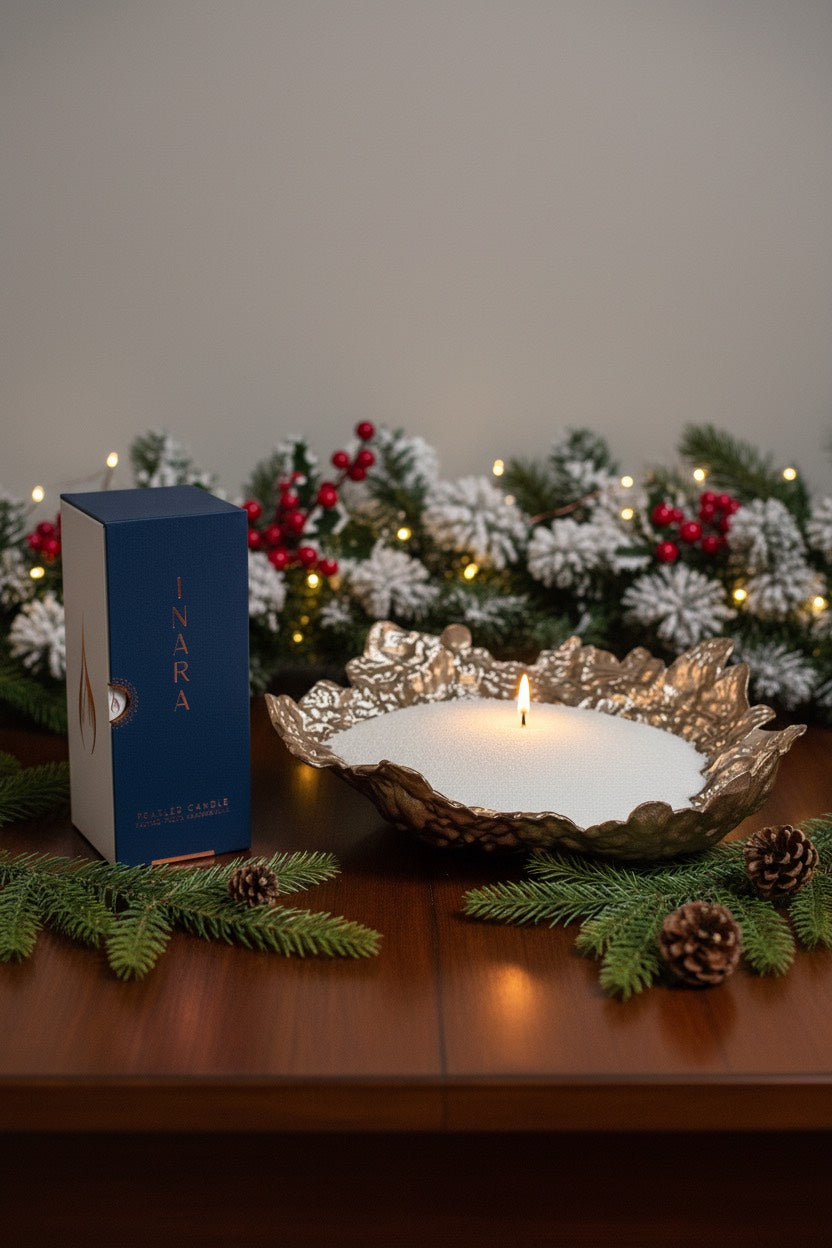 500g Inara® Pearled Candle & Winter Shell Glass Vase + 10ml Inara Fragrance Oil Bottle - Bundle